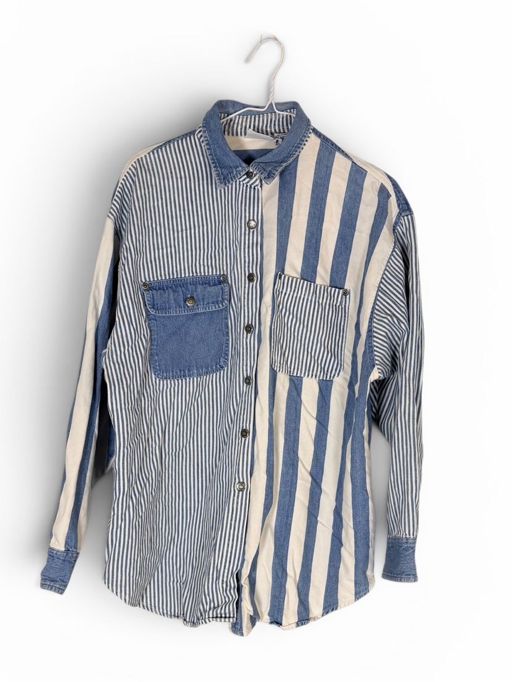 Striped Blue & Off White Button-Up Denim Shirt